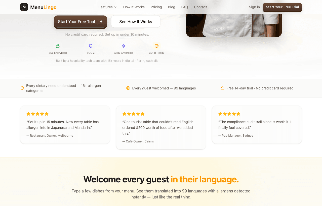 Trust badges, language count, customer testimonials