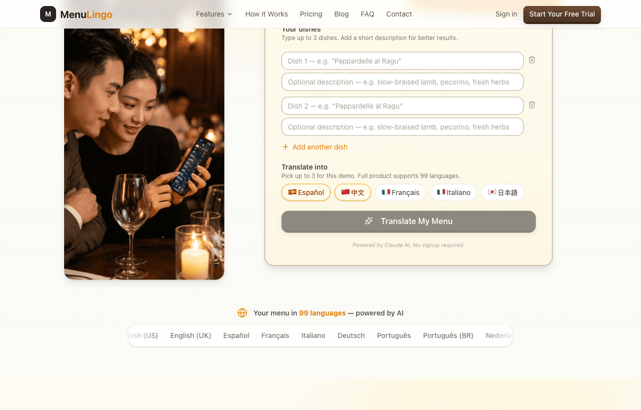 Live homepage translator — type 3 dishes, see them in 99 languages