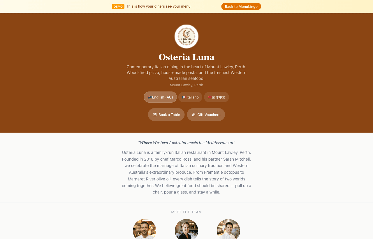 Diner experience — Osteria Luna landing (English AU)