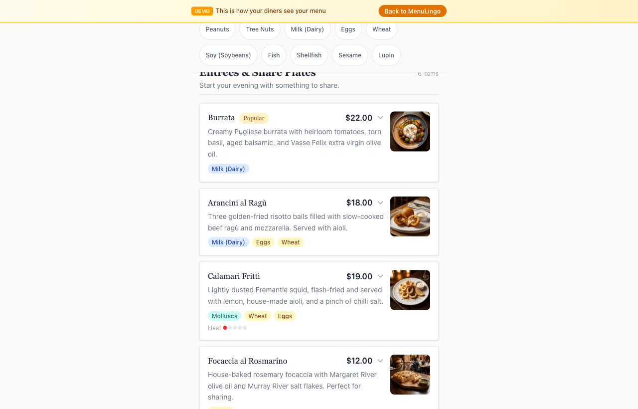 Menu items with allergen pills, prices, dish photos, heat indicator
