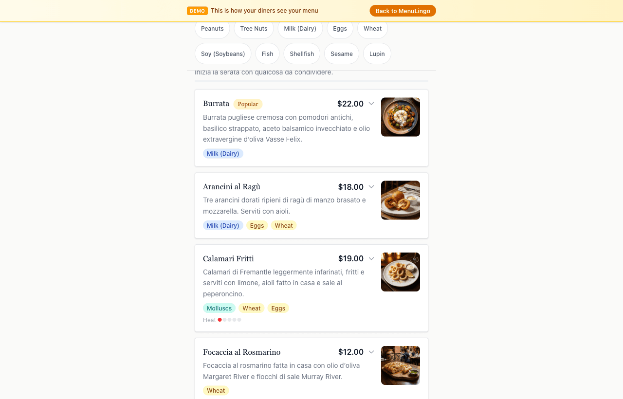 Same menu, Italian — translated by Claude Sonnet